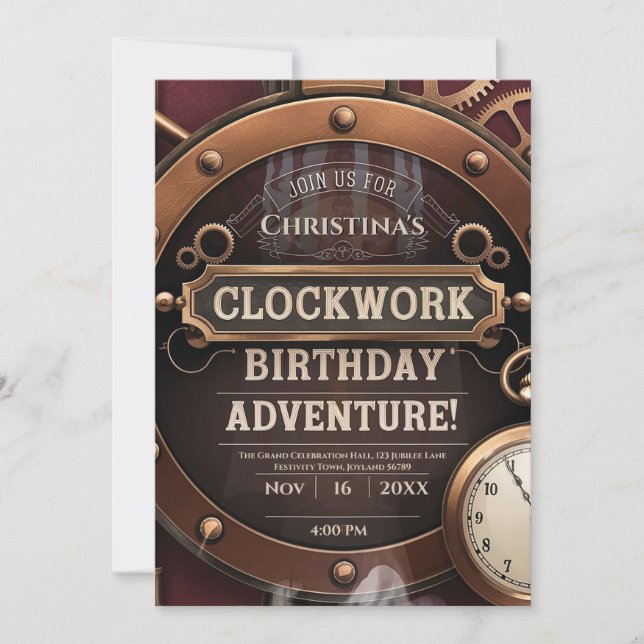 Steampunk-Uhrwerk-Vintage-Geburtstagsfeier Einladung (Vorderseite)