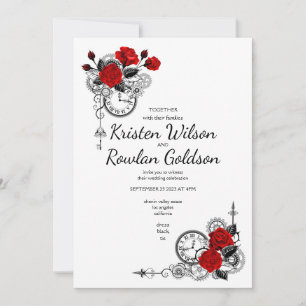 Steampunk und rote Rosen Blumen auf Schwarz Einladung