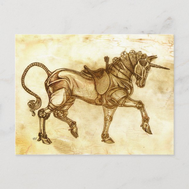 Steampunk Unicorn Sketch Post Card Postkarte (Vorderseite)