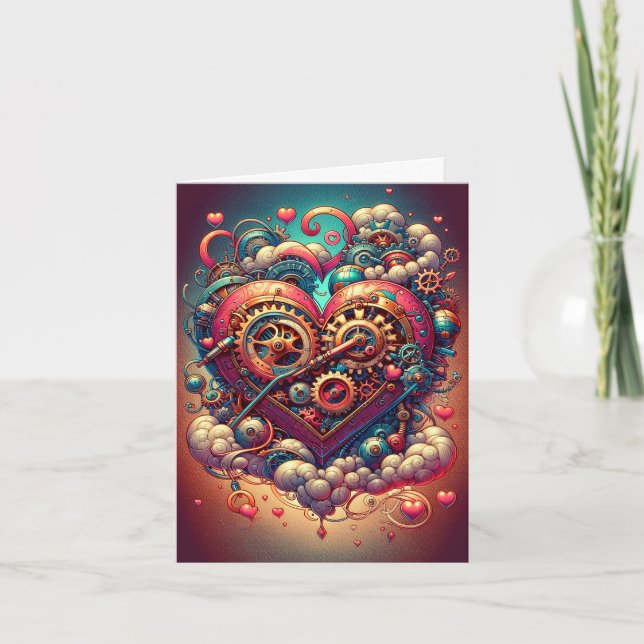Steampunk Valentine Heart Feiertagskarte (Vorderseite)