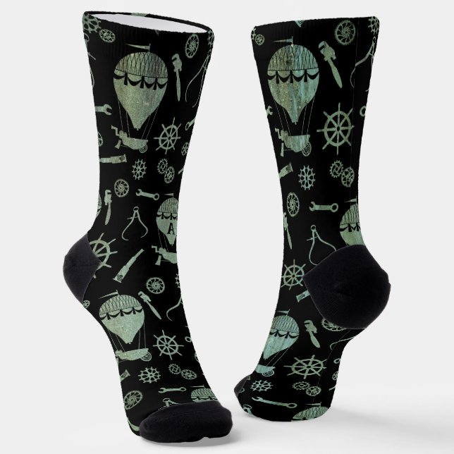 Steampunk Verdigris Balloons Subtil Mit Monogramm Socken (Gewinkelt)