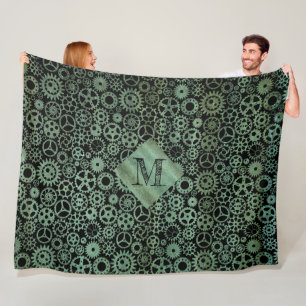 Steampunk Verdigris Bronze Gears Custom Monogram Fleecedecke