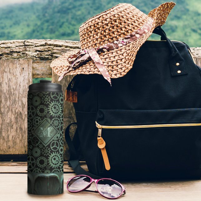 Steampunk Verdigris Bronze Gears Custom Monogram Thermosbecher (Von Creator hochgeladen)