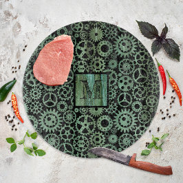 Steampunk Verdigris Bronze Gears Monogram Schneidebrett