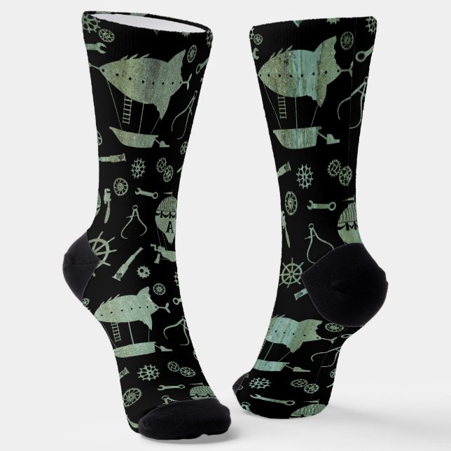 Steampunk-Verdigris-Flugzeuge subtil Mit Monogramm Socken (Gewinkelt)