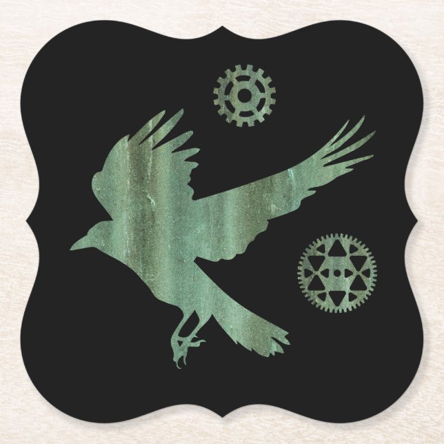 Steampunk Verdigris Flying Crow und Gears Untersetzer (Vorderseite)