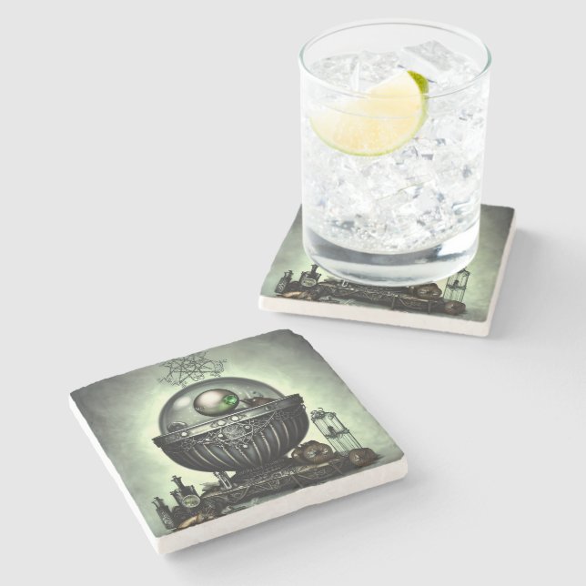 Steampunk-Verzierte Kauldron- und Magiegegenstände Steinuntersetzer (Seitenansicht)