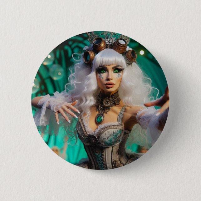 Steampunk Viktorianisch Futuristic Green Dancer Button (Vorderseite)