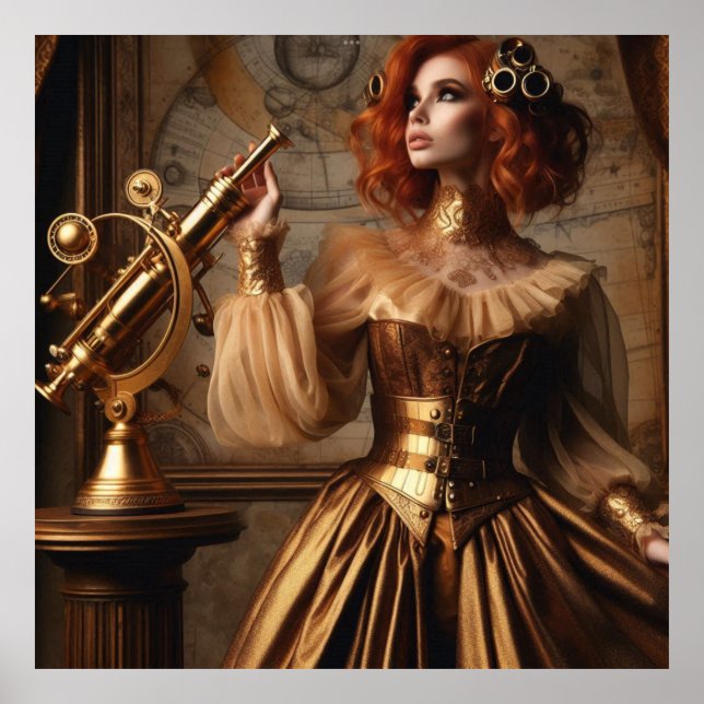 Steampunk Viktorianisch Gold Astronomin Poster (Vorne)