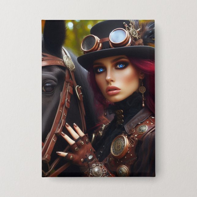 Steampunk Viktorianisch Lady Dark Rider Button (Vorderseite)