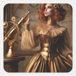 Steampunk-viktorianischer Gold-Astronom Quadratischer Aufkleber