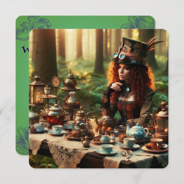 Steampunk Vintag Viktorianisch Lady Mad Hatter Einladung (Vorne/Hinten)