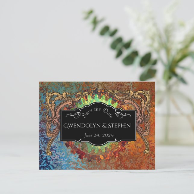 Steampunk Vintage Wedding "Save the Date" Postkarte (Stehend Vorderseite)