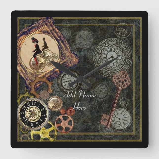 Steampunk-Wallclock-Quadrat - Name hinzufügen Quadratische Wanduhr (Vorderseite)