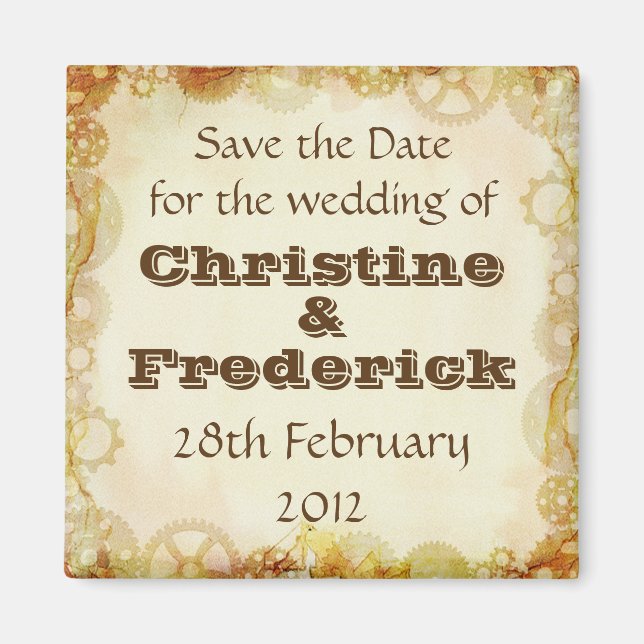 Steampunk Wedding, Quadrat speichern Sie den Datum Magnet (Vorne)