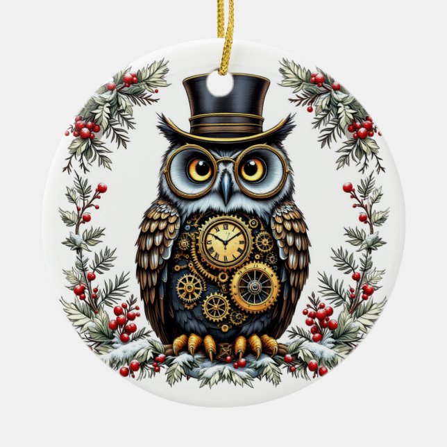 Steampunk Weihnachts-Eule Keramik Ornament (Vorne)