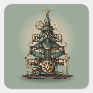 Steampunk Weihnachtsbaum Vintag Retro Style Quadratischer Aufkleber