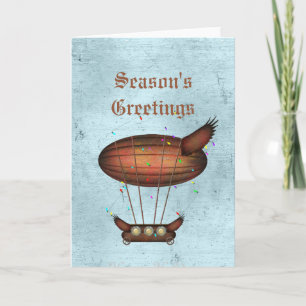 Steampunk-Weihnachtsgrußkarte Bronze-Luftschiff Feiertagskarte