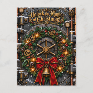 Steampunk-Weihnachtskranz-Tresortür-Feiertagskarte Postkarte