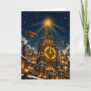 Steampunk-Weihnachtsuhrturm und Luftschiffe Ferien Feiertagskarte