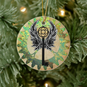 Steampunk Winged Key und Cog Wheel Keramik Ornament