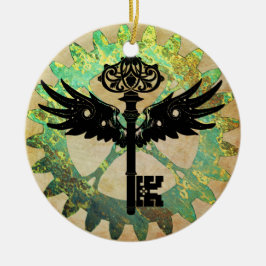 Steampunk Winged Key und Cog Wheel Keramik Ornament