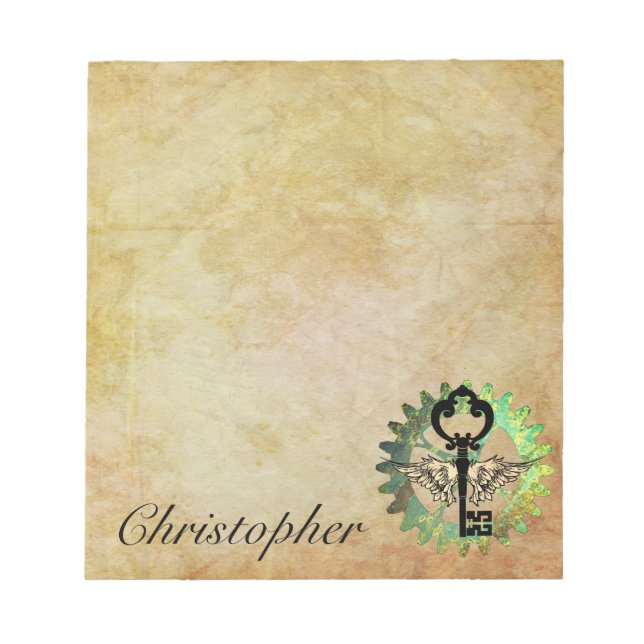 Steampunk Winged Key und Cog Wheel Notepad Notizblock (Vorderseite)