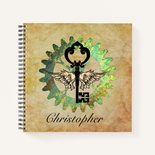Steampunk Winged Key und Cog Wheel Spiral Notebook Notizbuch (Vorderseite)
