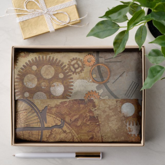 Steampunk World Map Uhren Gears Seidenpapier (Geschenk)