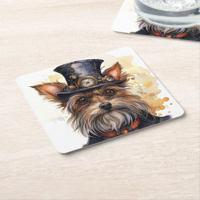 Steampunk Yorkshire Terrier Hund Rechteckiger Pappuntersetzer (angewinkelt)