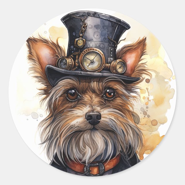 Steampunk Yorkshire Terrier Hund Runder Aufkleber (Vorderseite)