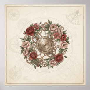 Steampunk-Zahnräder-Rosenkranz Vintage-Plakat Poster