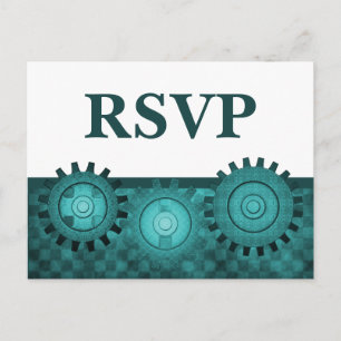 Steampunk-Zahnräder-RSVP-Postkarte, Türkis Einladungspostkarte