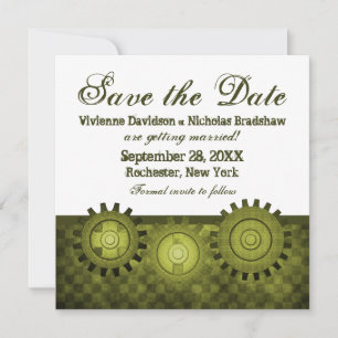 Steampunk-Zahnräder Save-the-Date-Einladung, Grün Einladung