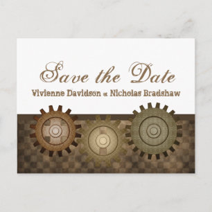 Steampunk-Zahnräder Save-the-Date-Postkarte, Braun Ankündigungspostkarte