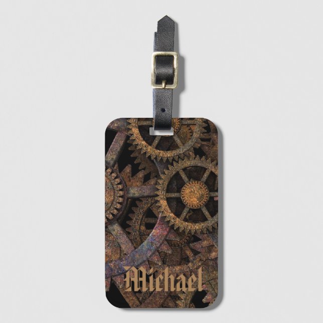 Steampunk-Zahnräder und -Räder personalisiert Gepäckanhänger (Vorderseite Vertikal)