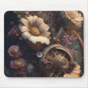 Steampunk-Zahnräder und weiße Blumen  Mousepad