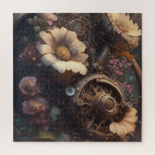 Steampunk-Zahnräder und weiße Blumen  Puzzle