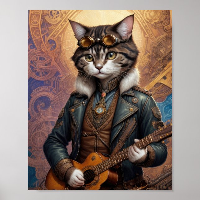 Steampunkatze in Lederjacke, Gitarre spielen - Poster (Vorne)