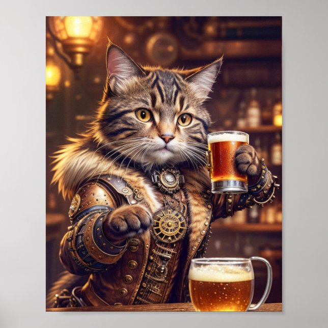 Steampunkatze trinkt Bier in einem Pub - Poster (Vorne)