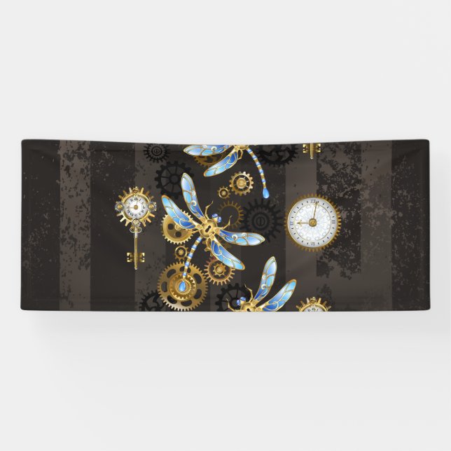 Steampunkdrachenfliegen auf braunem, gestreiften H Banner (Horizontal)