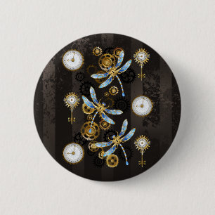 Steampunkdrachenfliegen auf braunem, gestreiften H Button