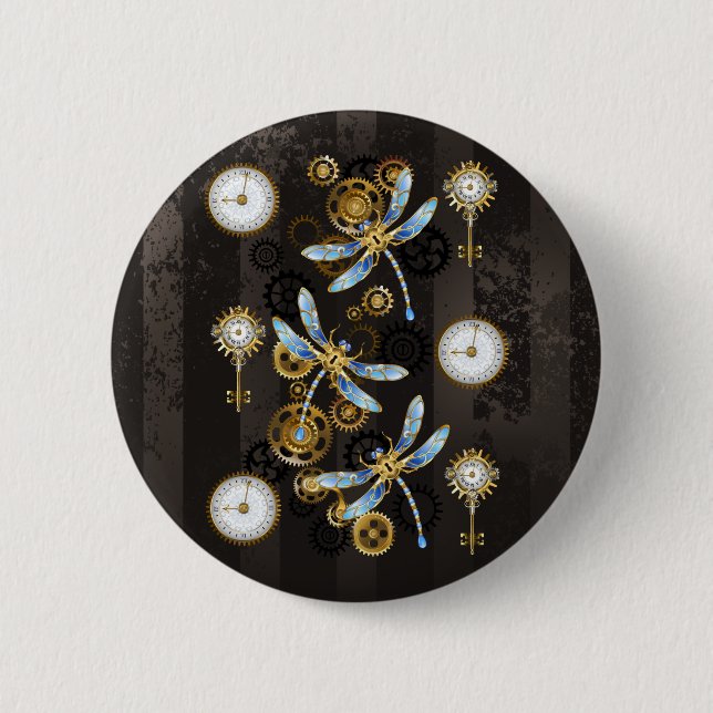 Steampunkdrachenfliegen auf braunem, gestreiften H Button (Vorderseite)