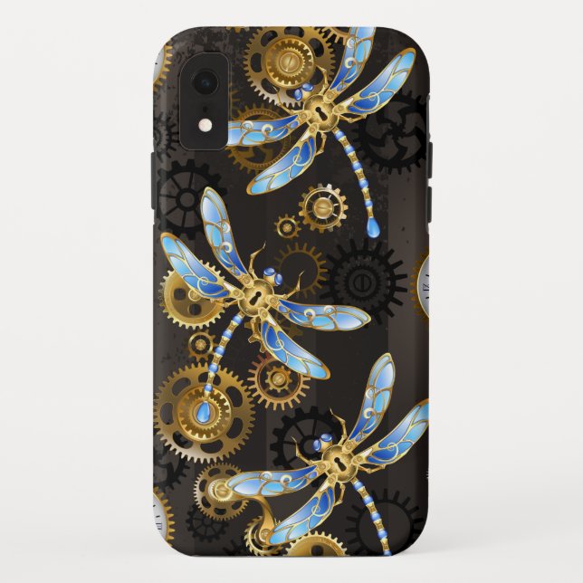 Steampunkdrachenfliegen auf braunem, gestreiften H Case-Mate iPhone Hülle (Rückseite)