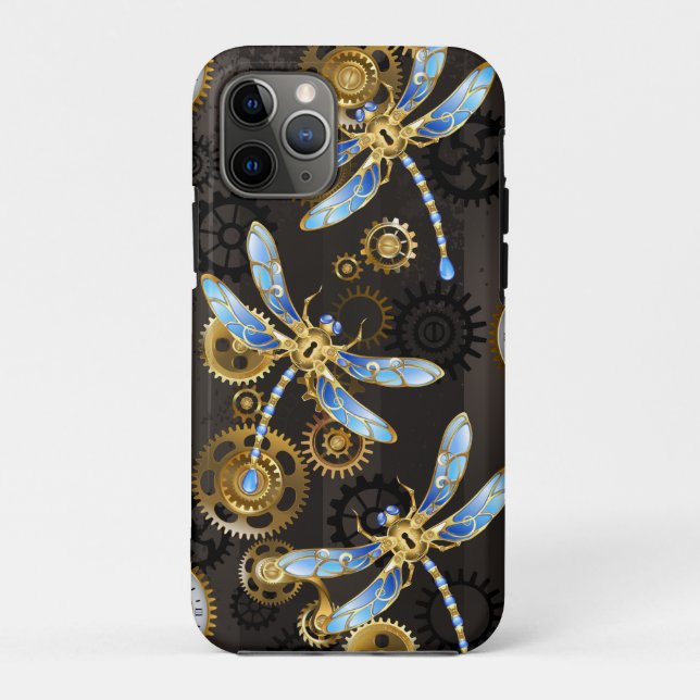 Steampunkdrachenfliegen auf braunem, gestreiften H Case-Mate iPhone Hülle (Rückseite)