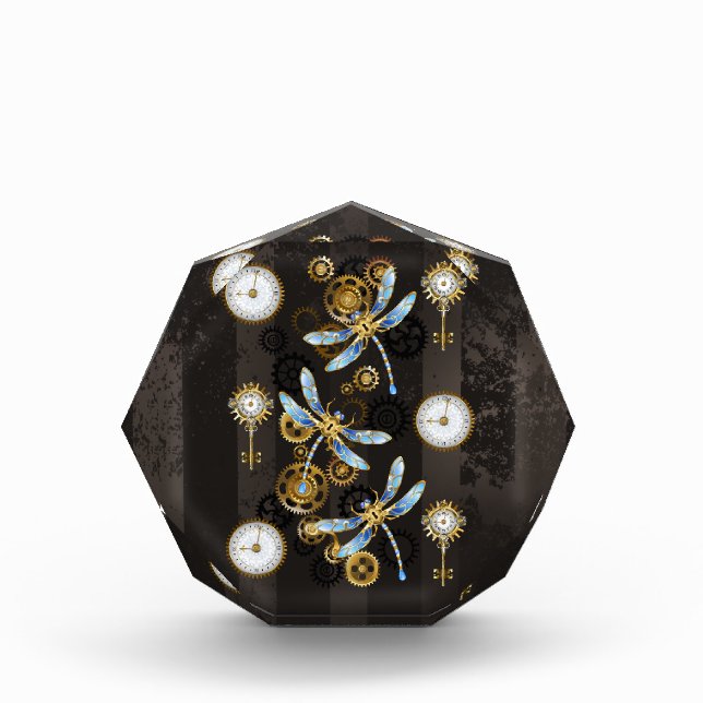 Steampunkdrachenfliegen auf braunem, gestreiften H Fotoblock (Vorderseite)