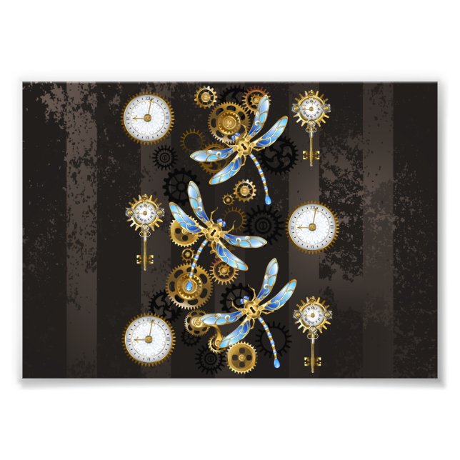 Steampunkdrachenfliegen auf braunem, gestreiften H Fotodruck (Vorne)