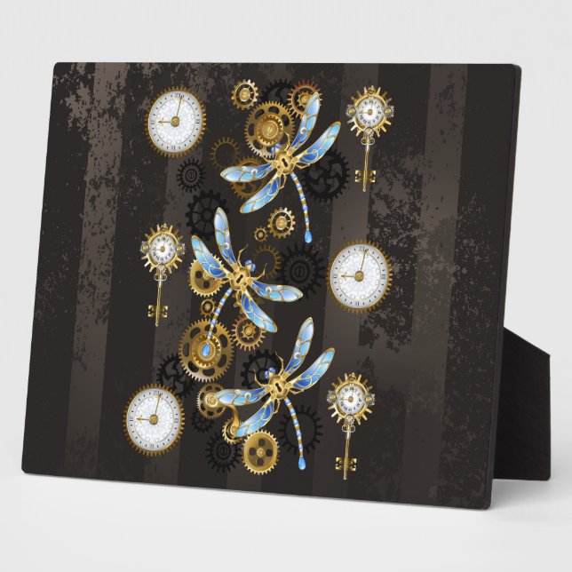 Steampunkdrachenfliegen auf braunem, gestreiften H Fotoplatte (Seite)