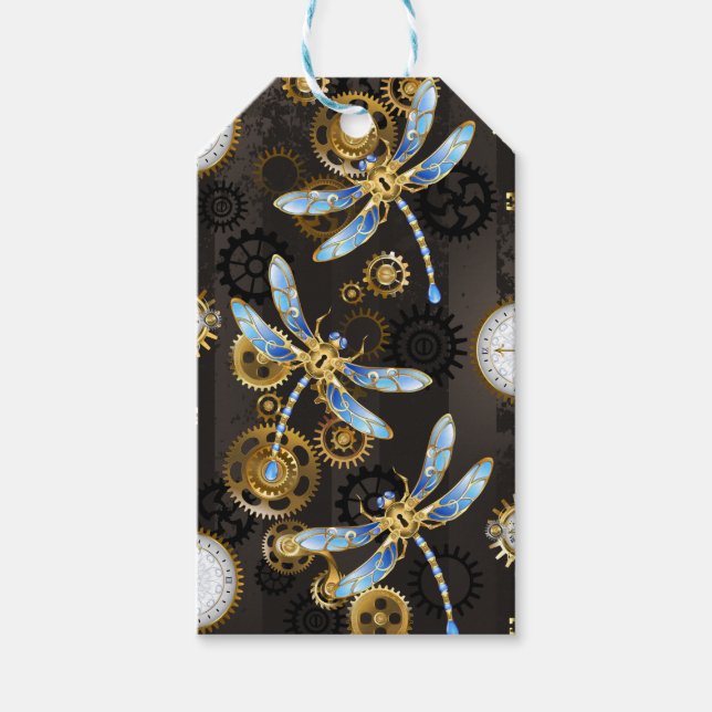 Steampunkdrachenfliegen auf braunem, gestreiften H Geschenkanhänger (Vorderseite)