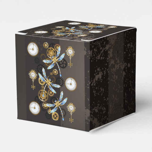 Steampunkdrachenfliegen auf braunem, gestreiften H Geschenkschachtel (Vorderseite)